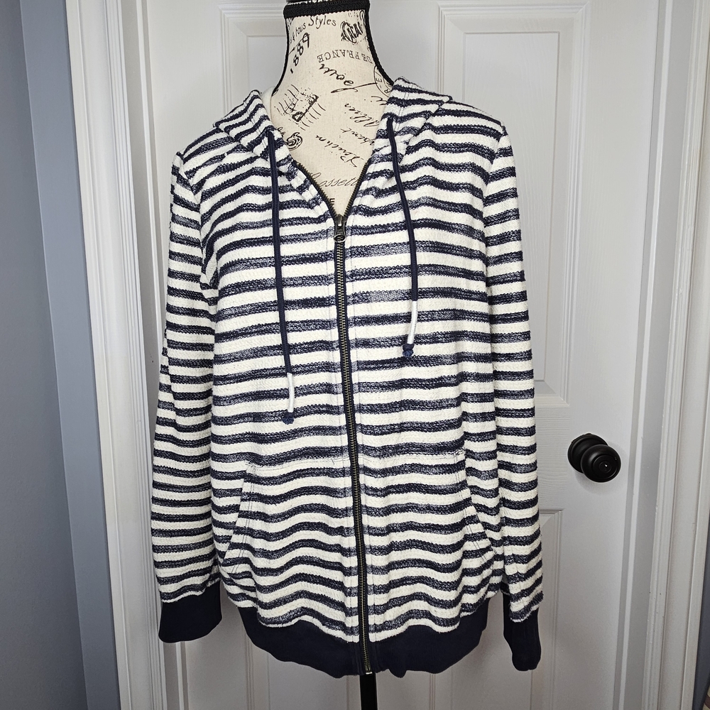 Lucky Brand Women's Full Zip Hoodie Navy Blue Cream Striped Size L
